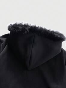 ROMWE MEN Casual 男士秋冬刺绣拉链连帽卫衣，带毛领和长袖上衣 - 黑色 - 查看 4