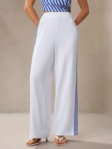 NOVVYNE 女士优雅条纹拼接直筒阔腿裤 - 白色 - 查看 5
