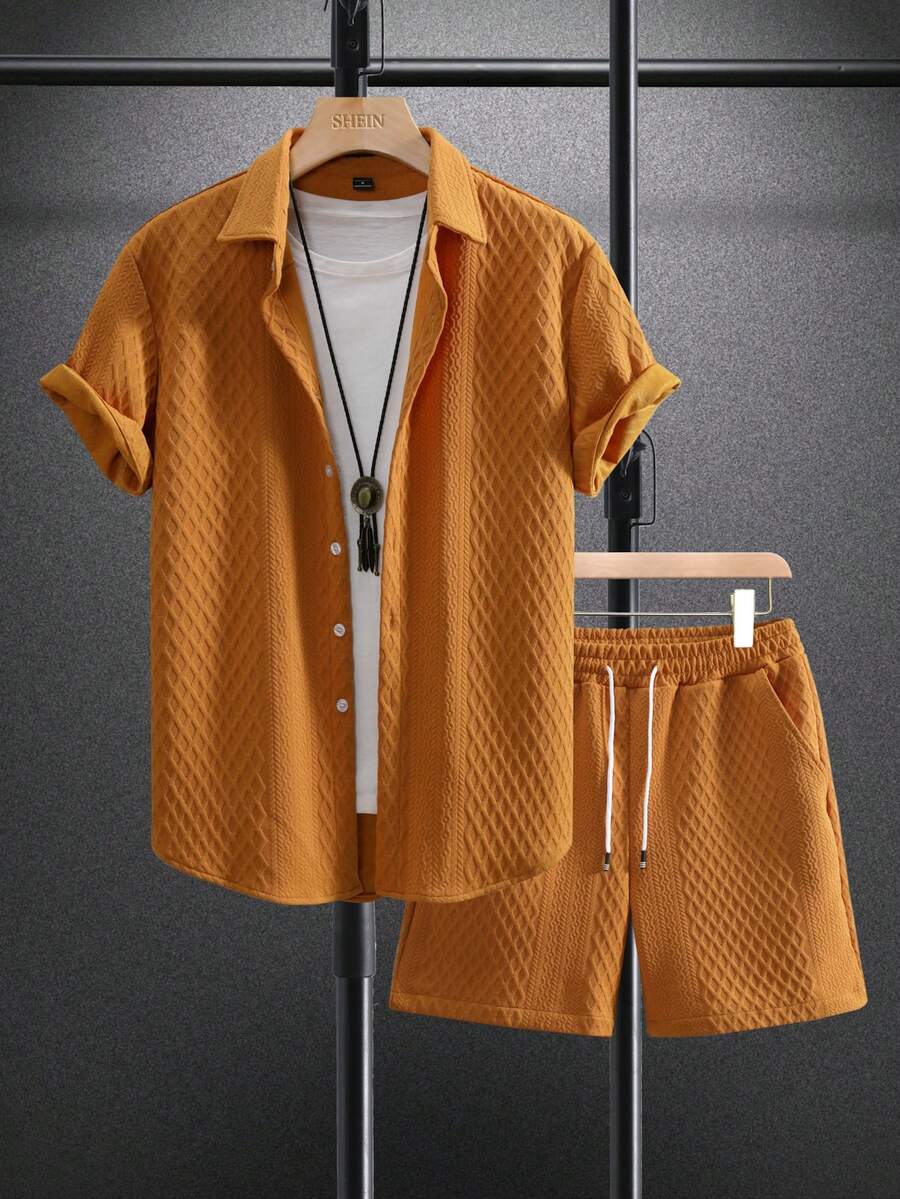 Manfinity Homme Men's Solid Color Single-Breasted Short Sleeve Shirt And Drawstring Waist Shorts 2-Piece Casual Set - Camel - View 1