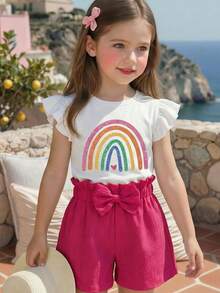 2pcs/Set Toddler Girls' Summer Rainbow Print Round Neck Cap Sleeve T-Shirt And Casual Straight Shorts With Bow Front Cute Outfit - Multicolor - View 3