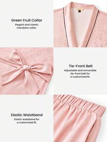 LUVLETTE 优雅日常休闲粉色缎面睡衣套装 - 裹身式上衣和黑色滚边阔腿裤，时尚家居服睡衣婚礼单品 - 粉色 - 查看 4