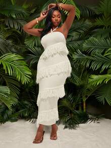 Radiana 大码女装春夏性感时尚优雅度假风露背流苏不对称修身针织连衣裙，适合日常穿着、波西米亚风、外出、度假、海滩度假、假日、海边、西部风情、音乐节、演唱会、狂欢节派对、层次丰富的约会之夜、伊比沙岛、纳什维尔、休闲时光、端庄时尚、俱乐部、可爱休闲、购物、街头风、外出等场合，易于搭配，显瘦，凸显身材，修饰身形。 - 杏色 - 查看 2