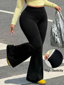 SHEIN EZwear Quần ống loe màu đen cỡ lớn, thoải mái và đa năng cho mùa thu/đông - màu đen - Xem 1