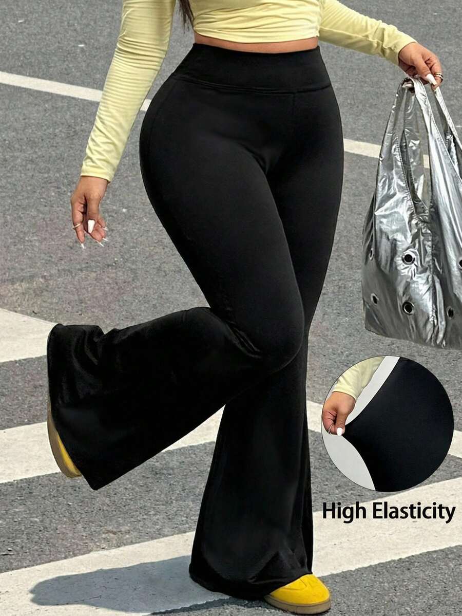 SHEIN EZwear Quần ống loe màu đen cỡ lớn, thoải mái và đa năng cho mùa thu/đông - màu đen - Xem 1
