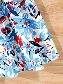SHEIN 女童针织背心和印花裙套装，适合日常通勤、户外活动，展现活泼可爱的风格 - 藍色 - 查看 6
