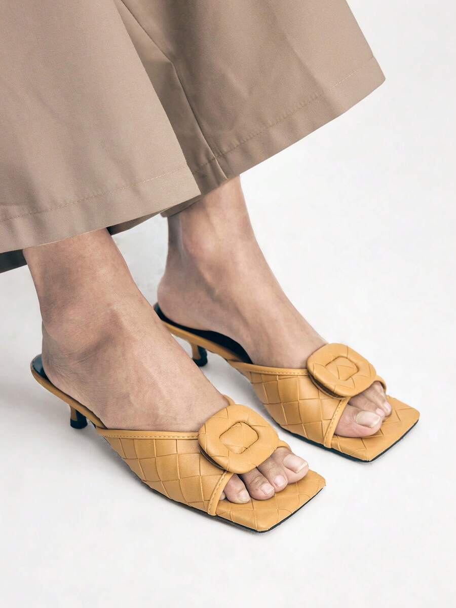 Mnmlis Sandalias de tacón alto con punta cuadrada para mujer, tacón delgado con corte en V, moda de celebridad de internet, sandalias de punta abierta para verano - Caqui - Ver 1