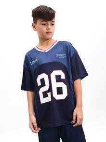 SUMWON Boys Navy V-Neck Jersey T-Shirt And Matching Shorts USA Number Print Two-Piece Set Casual Summer Sports Inspired Coordinate, World Cup 2026 Sporty Chic Game Day Football Blokecore Streetwear Jersey Kit - Blue - View 3