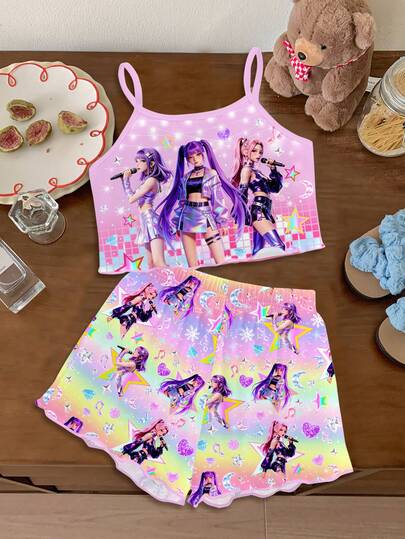 SHEIN طقم بيجامة كاجوال مكون من كامسول وشورت بطبعة فتاة كرتونية وتدرج ألوان الدوبامين، مناسب للصيف