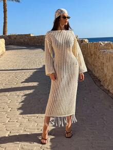 SHEIN Casual Knitted Cardigan With Hollow Design And Fringed Hem, For Summer Holidays At The Beach - Apricot - View 4