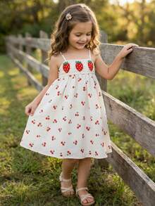 SHEIN Young Girl Woven Solid Color Cherry Pattern Casual Camisole Dress Summer Outfits Summer Outfits Summer Dresses Prom Dresses Beach Dress Sundress Kids Summer White Cherry Print Midi Dress With Crochet Strawberry Details Cherry Dress Kids Strawberry Dress Kids Sundress For Kids Kids Sun Dresses Kids Dress Girls White Dress With Red Flowers Embroidered Floral Little Girl Dress Girls Summer Clothes Strawberry Dress For Girls Flower Skirt Kids - Apricot - View 5