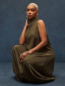 Vixey Mock Neck Sleeveless Gathered Hem Structured Woven Dress - Brown - View 3