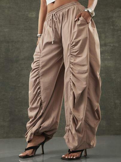 Denimoi Adjustable Toggle Nylon Barrel Pants Fashionable Streetwear Barrel Leg Pants