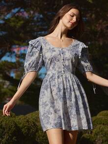 WESTFADE 棉混纺花卉印花圆领荷叶边泡泡袖修身喇叭裙娃娃装迷你连衣裙秋季、冬季、乡村音乐会服装，休闲、可爱、波西米亚风、西部风女装 - 彩色 - 查看 3