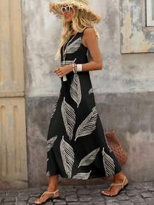 EMERY ROSE Casual Minimalist Vacation Bohemian Elegant Romantic Retro Feather Black Print Pattern Maxi Dress, Comfortable Plus Size For Spring/Summer - White - View 6