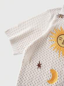 ROMWE MEN Men's Sun Face Embroidery Hollow Out Knitted Cardigan - Apricot - View 5