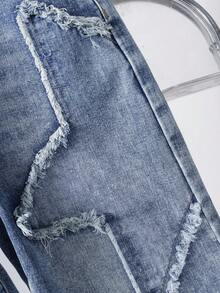 男童复古美式牛仔短裤，春夏新款，做旧星形拼接宽松直筒休闲短裤，柔软棉质面料，适合度假、日常穿着、上学、通勤、聚会、居家、节日等场合。 - 中等水洗藍 - 查看 5