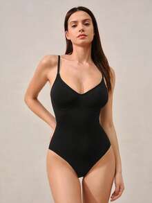 Veilyse 1pc Women's Minimalist Slimming Jumpsuit, Slim Waistline, Korean Style, Suitable As Layering Piece For Carnival Outfits, Tummy Control Bodysuitsfor Summer - Black - View 4