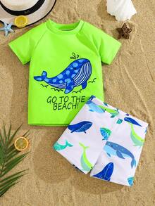 SHEIN 男童休闲时尚经典度假风鲨鱼海豚图案撞色拼接印花修身长袖连体泳衣，适合夏季、海滩、度假、游泳 - 彩色 - 查看 3