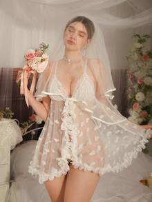 DelicateAllure Đầm ngủ nữ màu trắng phối lưới hình trái tim bằng vải chiffon, viền ren trang trí hoa, đầm ngủ gợi cảm, đầm hai dây ngắn thanh lịch. - trắng - Xem 4
