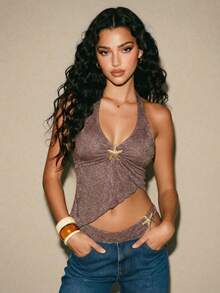 Glamine Conjunto de tankini asimétrico con volantes y lazada en dorado y plateado metálico. Traje de baño de una pieza metálico con estrella de mar. Traje de baño de mujer marrón con strass. Atuendos de playa, atuendos para citas en la playa, atuendos para festivales de música, atuendos para fiestas, atuendos para fiestas en la playa, con estilo elegante y sexy. - Morado - Ver 6