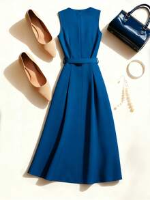 Breezaya Women's Elegant Teal Blue Summer Midi Dress,Round Neck Sleeveless A-Line Vacation Holiday Sun Dress With Belt & Faux Buttons,French Style Resort Wear - Blue - View 2