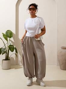 Slaydiva Women's Flowy High Waist Parachute Jogger Pants With Cuffed Bottoms, Comfortable Loose Fit Loungewear, Brown - Coffee Brown - View 7