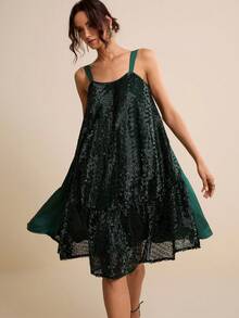 LOTSLUV 女士绿色串珠纹理面料方领宽松短款连衣裙，春夏款 - 綠色 - 查看 5