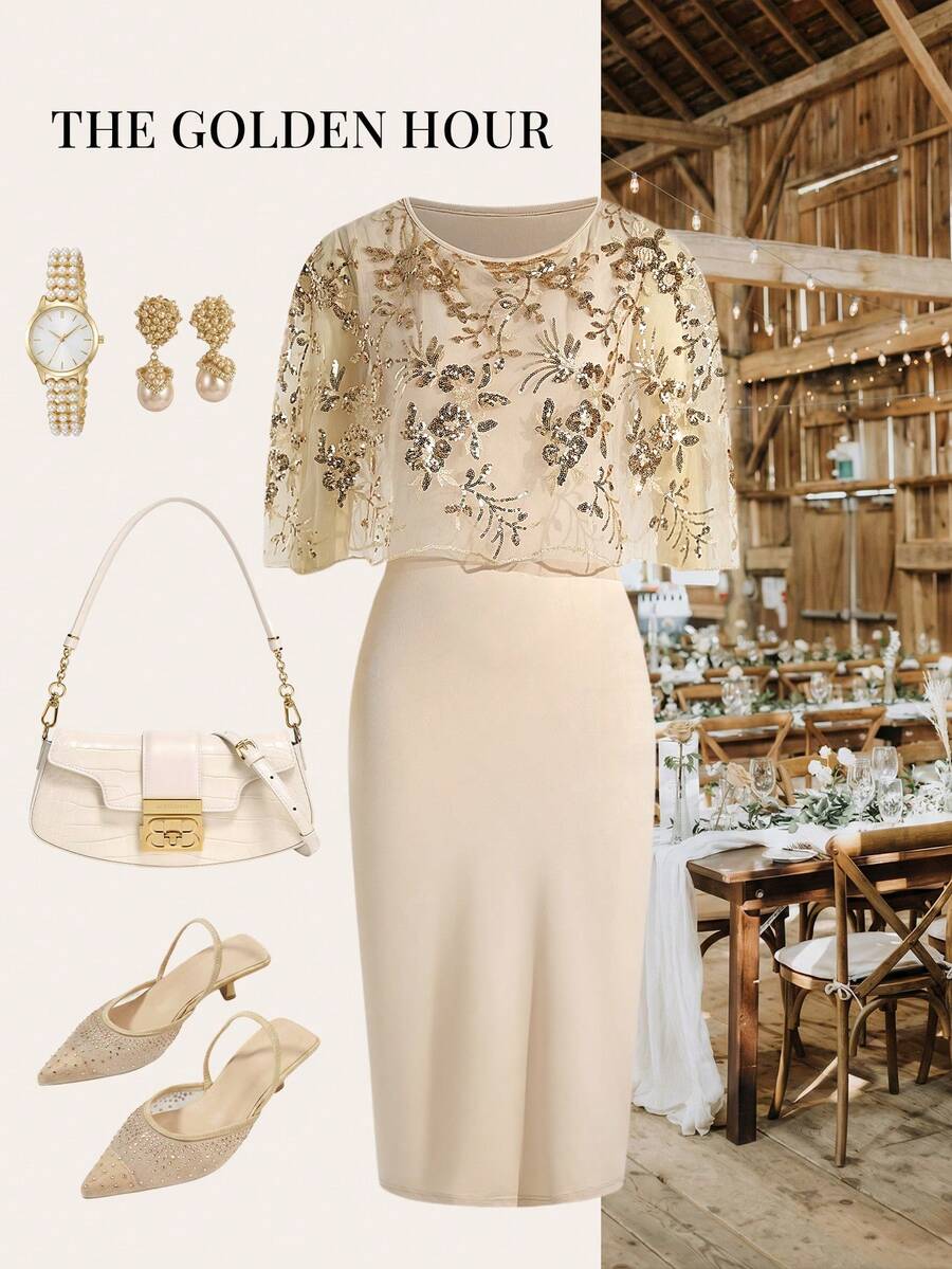 Ellevyn Apricot Elegant Sequin Embellished Fitted Cape Dress