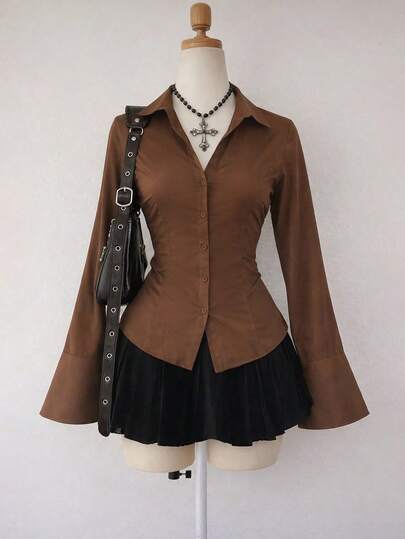 Lalippa 女士纯色前开襟系带优雅职业装长袖衬衫，秋季款