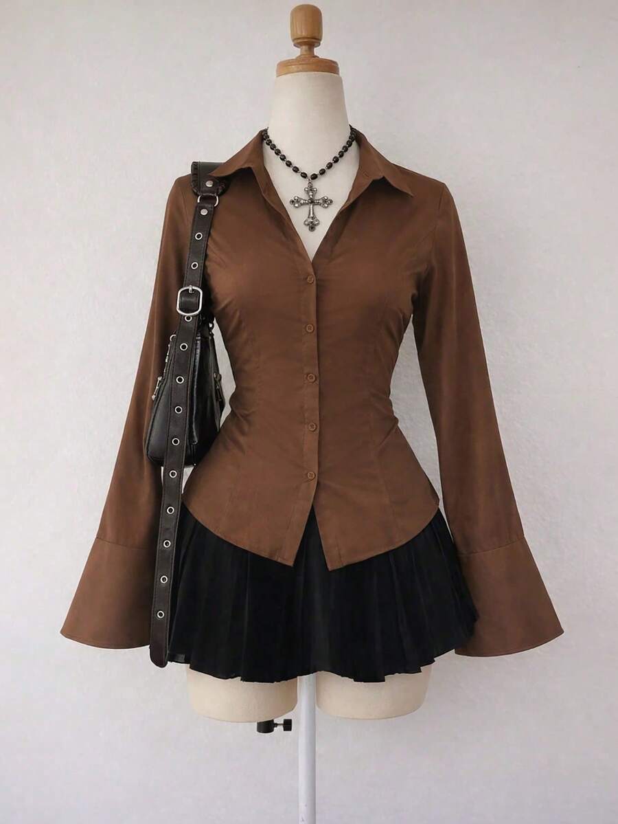 Lalippa 女士纯色前开襟系带优雅职业装长袖衬衫，秋季款 - 咖啡棕 - 查看 1