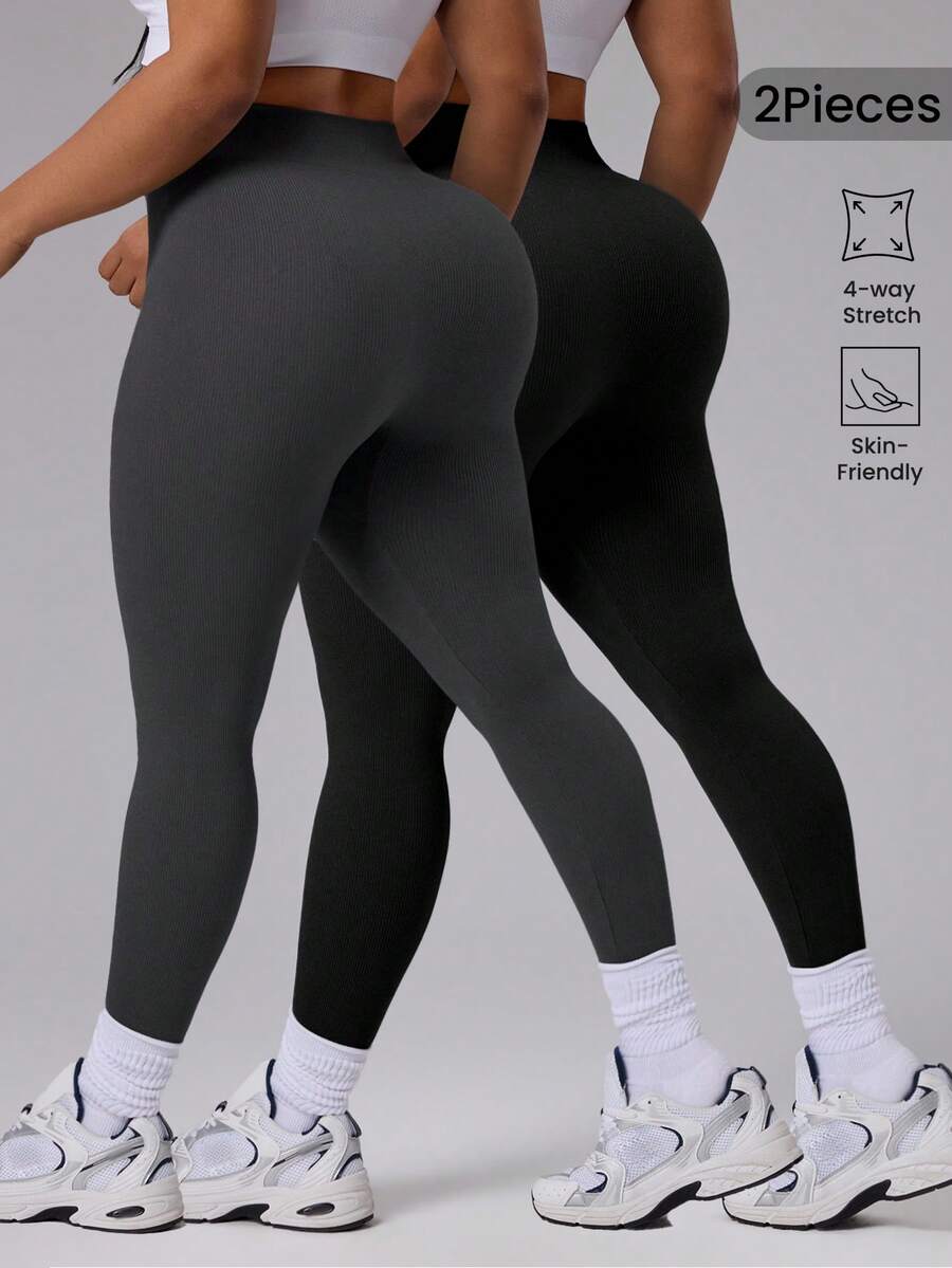 Velisys 2pcs/Set Plus Size Women Seamless Ribbed Leggings - Multicolor - View 1