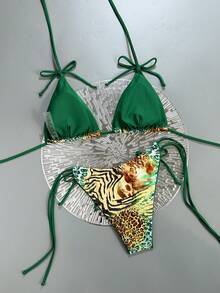 Swim Vcay 2pcs Leopard Print Bowknot Sexy Women Bikini Set, Halter Tankini Swimsuit Zebra Bikini Zebra Print Swimsuit Zebra Print Bathing Suit Animal Print Bikini - Multicolor - View 2