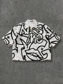 Manfinity ZONE917 宽松街头风黑色涂鸦趣味嘴唇和爱心印花短袖衬衫 - 彩色 - 查看 1