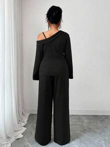 Elenzga 大码女式法式休闲优雅长袖上衣和裤子两件套，秋冬款 - 黑色 - 查看 2