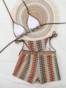 Swim Vcay 女士纹理挂脖比基尼套装，侧系带泳裤，适合海滩度假、春夏穿着 - 彩色 - 查看 3