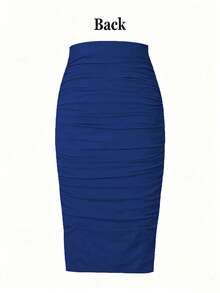 INAWLY Plus Size Women Navy Blue Solid Color Elastic Waist Pleated Mid-Length Soft & Comfortable Fitted Sexy Skirt Ruched Bodycon Skirt - Royal Blue - View 2