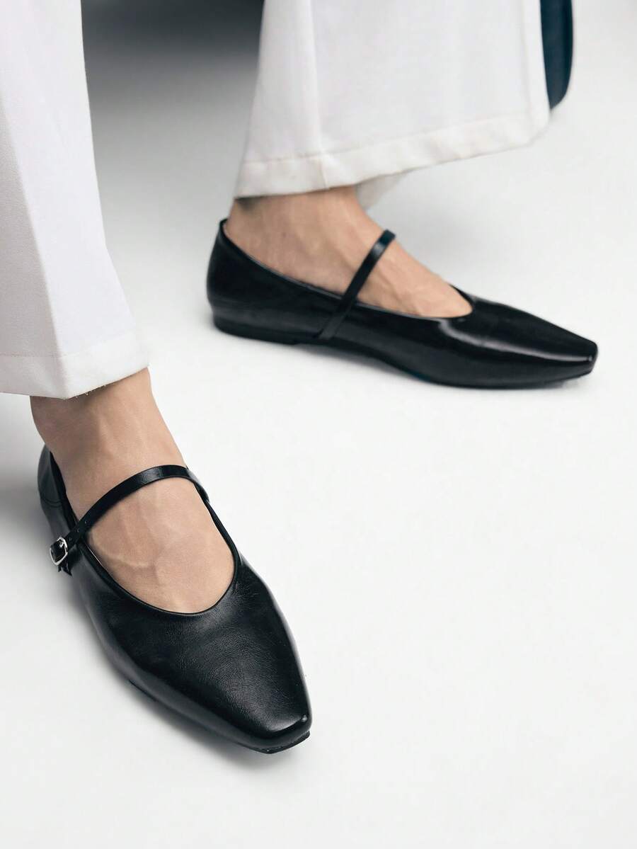 Mnmlis Giày bệt nữ mùa xuân và mùa thu mới, đa năng, thoải mái, chất liệu da mềm, kiểu dáng thấp cổ, thích hợp đi hàng ngày. - màu đen - Xem 1