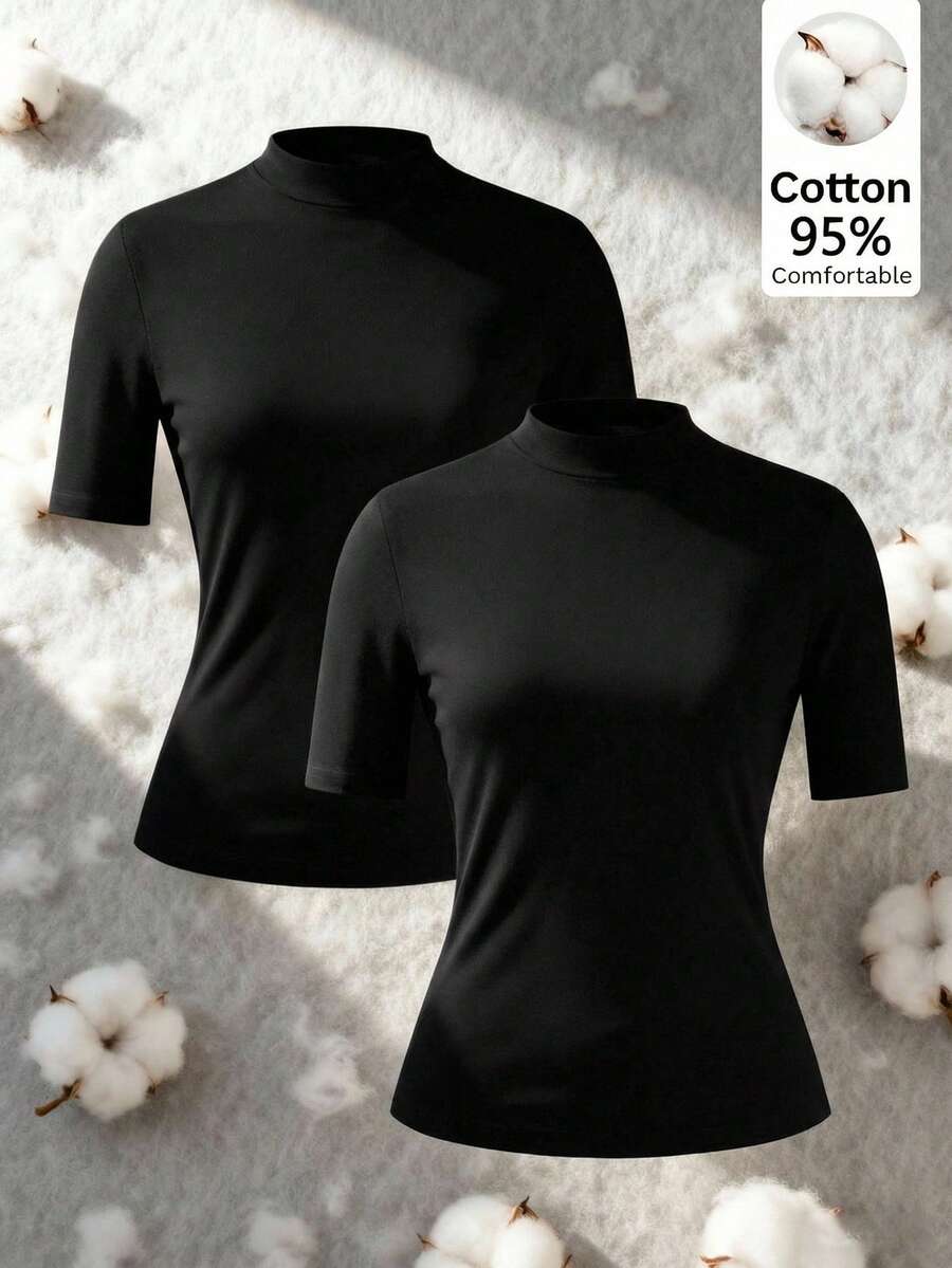 SHEIN EZwear 2件套女士高领修身长袖打底T恤套装，黑色 - 黑色 - 查看 1