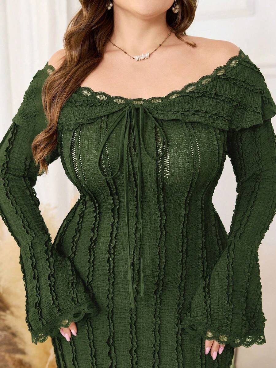 Modelyn Plus Size Women's Off-Shoulder Ruffle Long Sleeve Fitted Lace Patchwork Elegant Dress - Olive Green - View 1