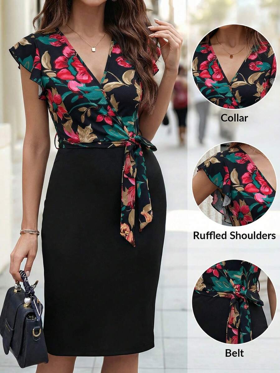 Ellevyn Women's Floral Print V-Neck Cap Sleeve Midi Dress, Elegant Holiday Wear  Women's Summer Outing/Commuting Elegant Retro Color Block Print Elastic Waist Tie Dress - Multicolor - View 1
