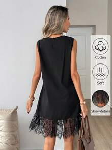 Easowa Cotton Crew Neck Sleeveless Lace Hem Mini Dress, Suitable For Casual, Beach, Holiday Wear, Spring/Summer Women's Sleeveless Black Shift Dress With Delicate Lace Hem And Round Neck Soft Cotton Feel For Summer Summer Dress Spring Dresses Beach Dress Casual Dresses For Women Vacation Dress Ruffle Dress,Black Dress For Women,Summer Dresses For Women - Black - View 6