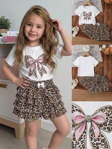 Emery Rose Kids Young Girl Summer Casual Leopard Print Bow T-Shirt And Ruffle Shorts Set - Khaki - View 4