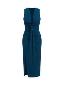 Ellevyn Low Neck Ruched Fitted Elegant Dress - Blue - View 6