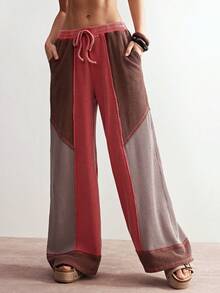 Bohemela Women's Casual Knit Patchwork Loose Straight Leg Pants - Pink - View 5