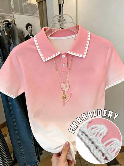 Resyla Áo thun nữ tay ngắn cổ tròn in hoa, thêu răng cưa, kiểu dáng thường ngày, đa năng, thích hợp cho mùa hè.