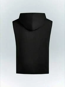 Driftmere 男士纯色休闲抽绳连帽高低下摆无袖背心，适合送给男朋友的礼物，外出 - 黑色 - 查看 2