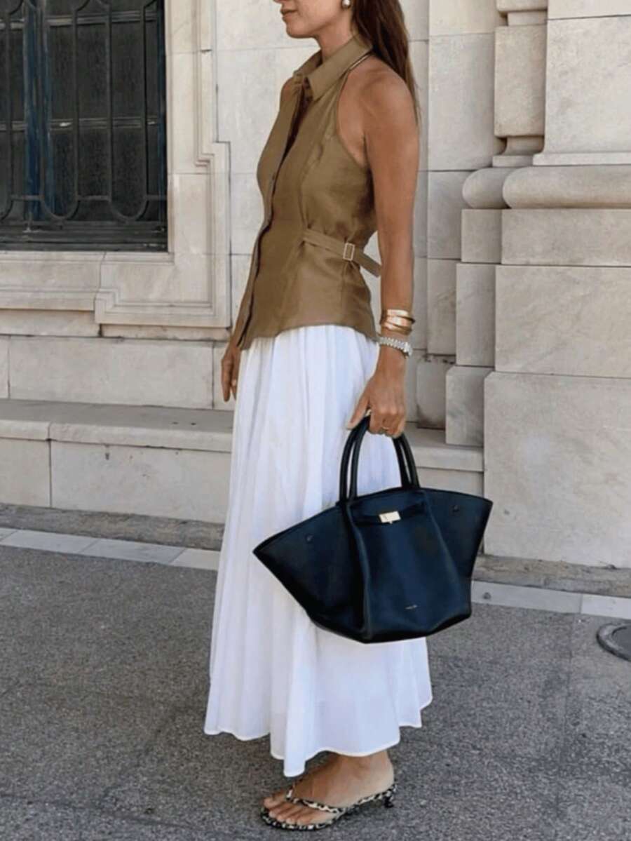 Solivie 女士春夏露背收腰露背上衣，百搭优雅，适合外出、通勤和度假 - 卡其色 - 查看 1