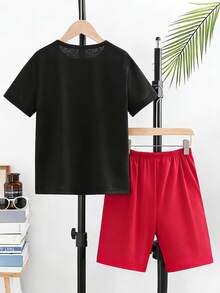 SHEIN 春夏青少年男童休闲时尚创意个性化清爽简约篮球剪影印花舒适基础款短袖T恤和短裤套装，适合春夏穿搭 - 彩色 - 查看 4