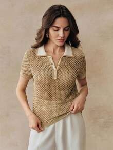 Anewsta Colorblock Linen Hollow Out Knit Polo Shirt For Women, Retro Collar Short Sleeve Top, Spring/Summer - Khaki - View 3