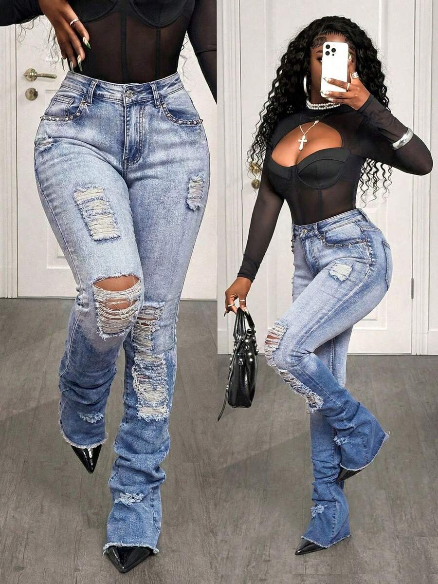BamGleam Women's Distressed Ombre Studded Skinny Jeans - Medium Wash - View 1